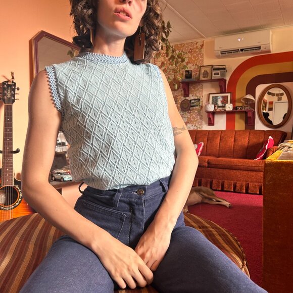 1960s MOD vintage baby blue textured mockneck sleeveless blouse tunic - Made in - Picture 5 of 15